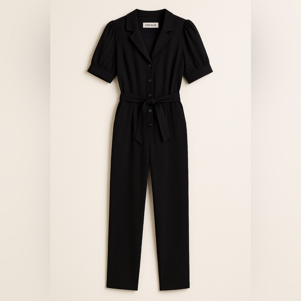 Anthropologie Greylin Black Button Front Jumpsuit with Zipper and Belt - Medium